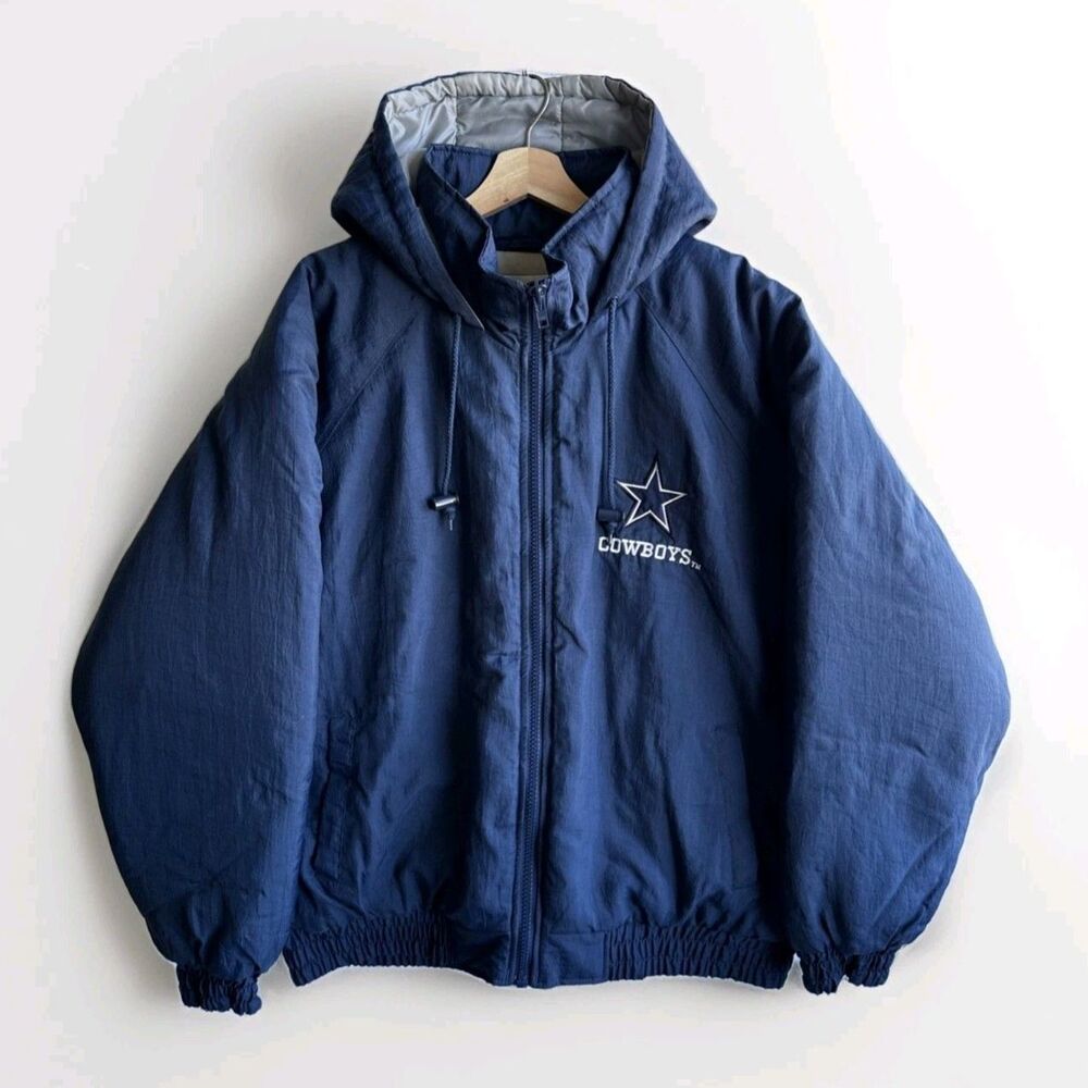 VTG 90s NFL Official Dallas Cowboys Puffer Bomber Jacket Blue Men's Size XL Hood
